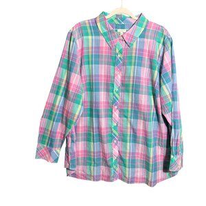 Talbots Plaid Button Front Shirt Top Women's 3X Multicolor Colorful Long Sleeve